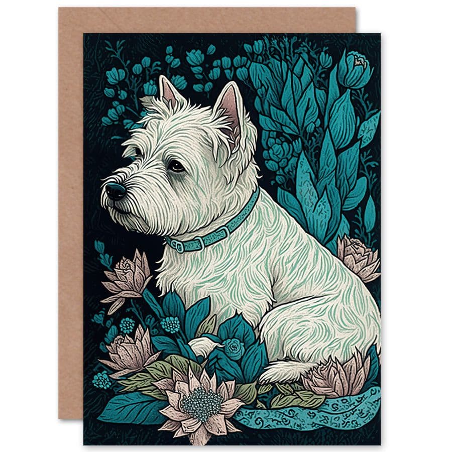 Birthday Card West Highland Terrier Dog Sitting Flower Field Modern Dark Art Birthday