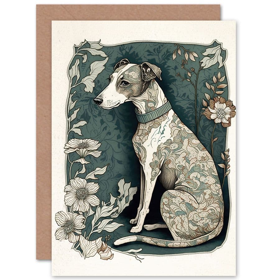 Birthday Card Whippet Dog Floral Pattern Fur Coat Art Nouveau Inspired Watercolour Art Birthday