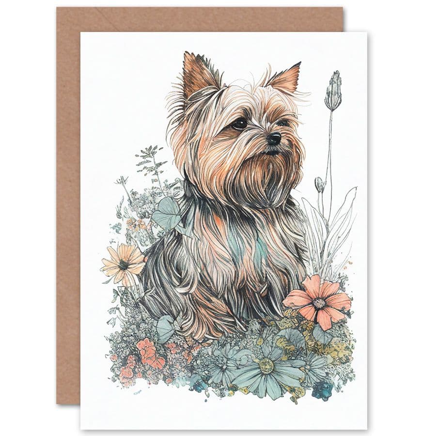 Birthday Card Yorkshire Terrier Dog in Wildflowers Bright Watercolour Art Birthday