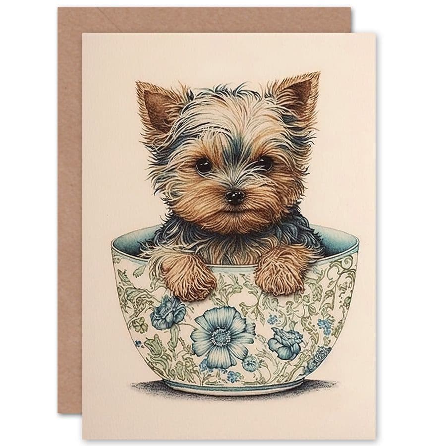 Birthday Card Cute Teacup Yorkshire Terrier Dog Floral Pattern Tea Cup Watercolour Art Birthday