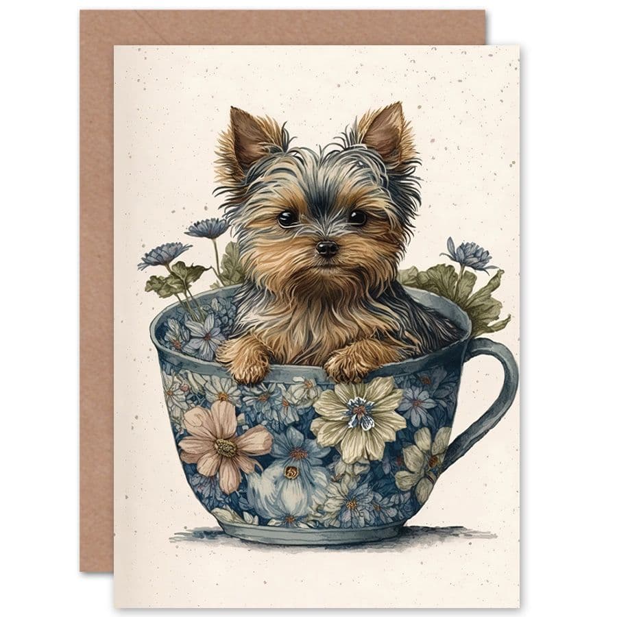 Birthday Card Cute Teacup Yorkshire Terrier Dog Flowers Floral Tea Cup Modern Watercolour Art Birthday