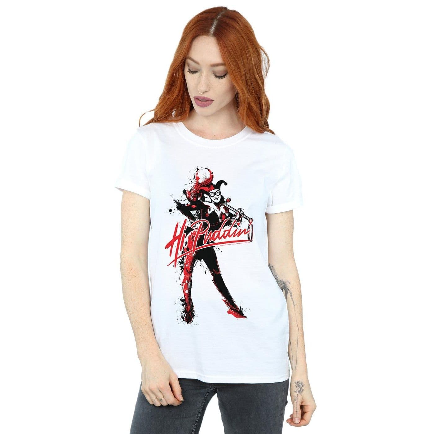 DC Comics Women's Harley Quinn Hi Puddin Cotton Boyfriend T-Shirt in White | Size: XL