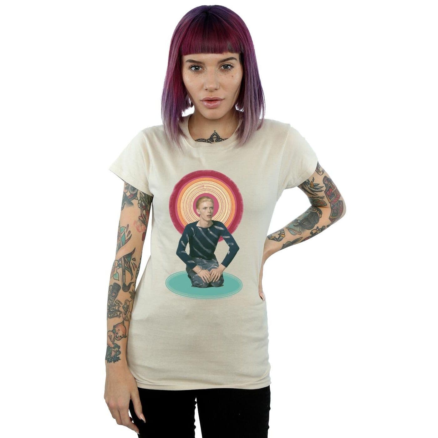 David Bowie Women's Kneeling Halo Cotton T-Shirt in Light Sand | Size: Large