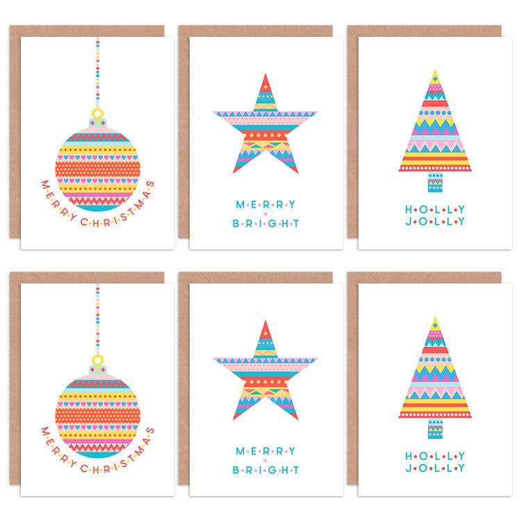 Christmas Folk Pattern Colourful Bauble Star Tree Greeting Cards Envelopes Pack 6