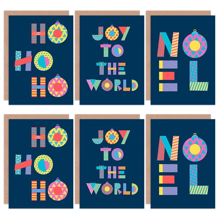 Christmas Typography Bright Patterns Greeting Cards Envelopes Pack 6