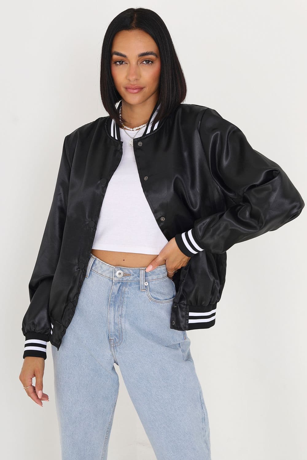 Satin Bomber Jacket Stripe Detail