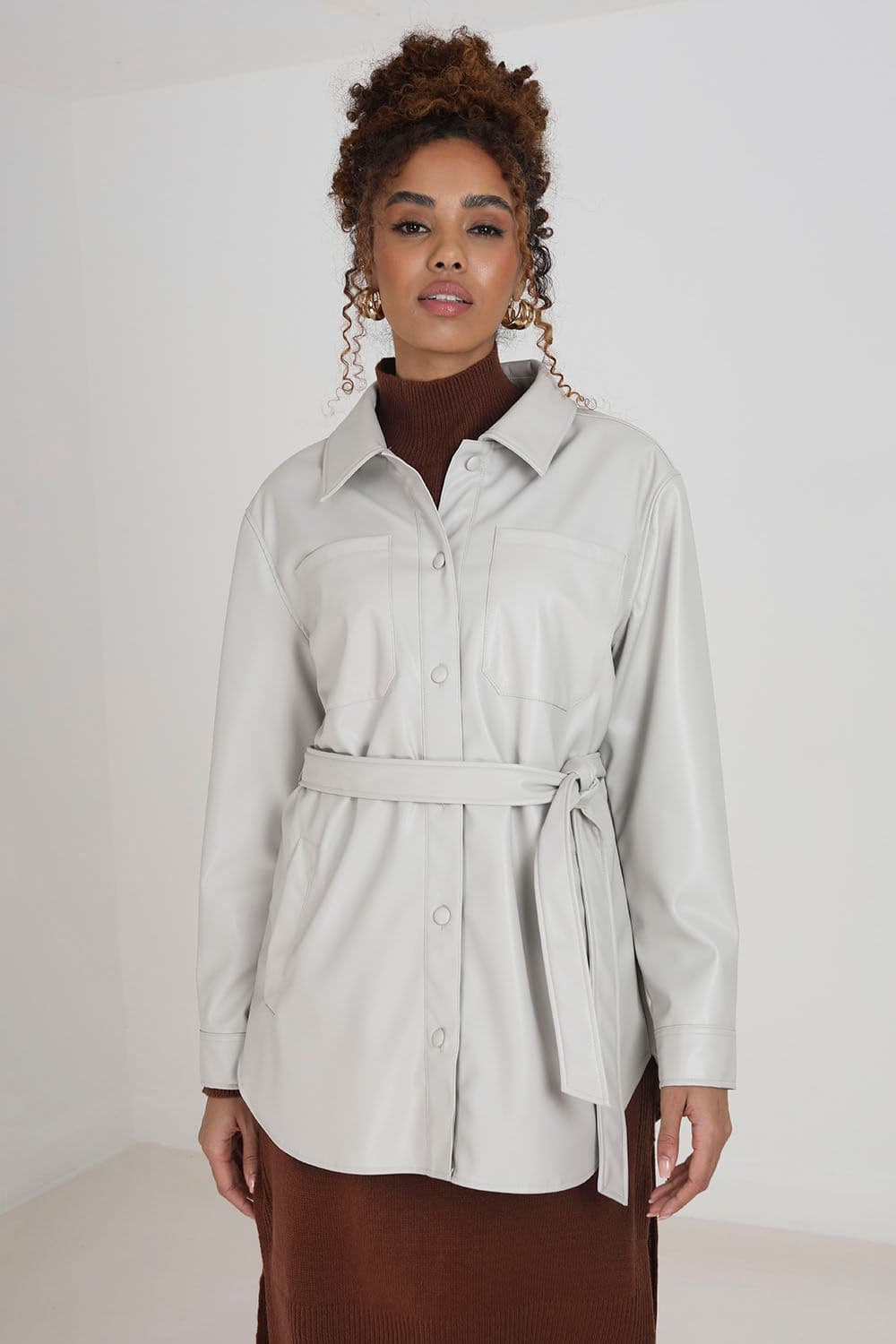 Faux Leather Self Tie Shacket
