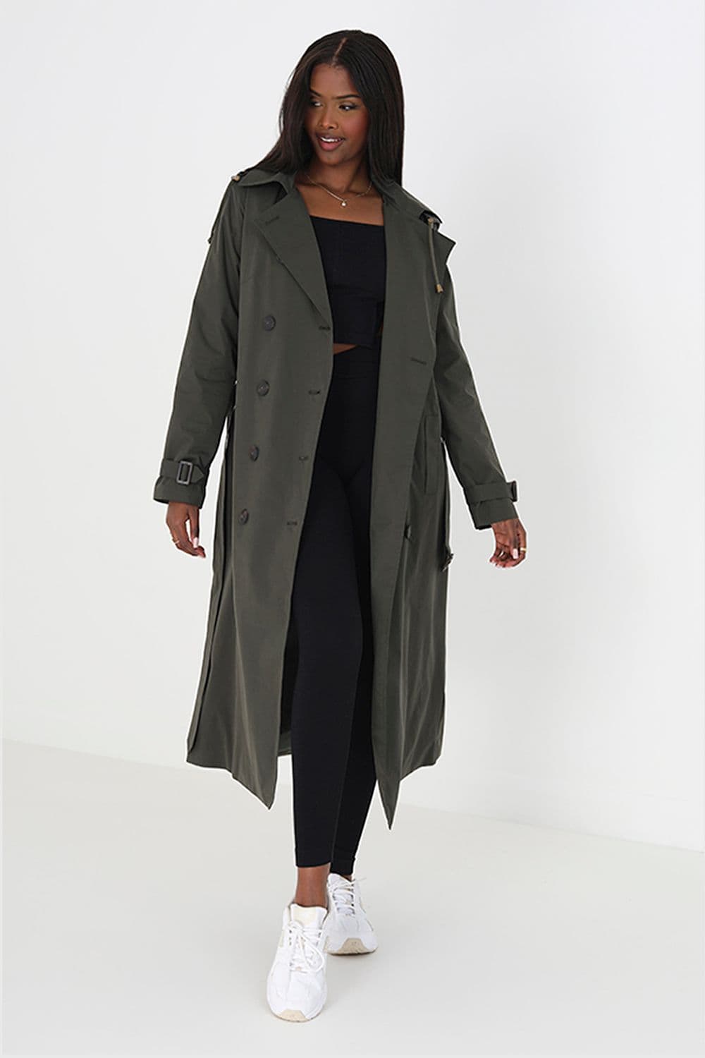Double Breasted Longline Trench Coat Detachable Hood