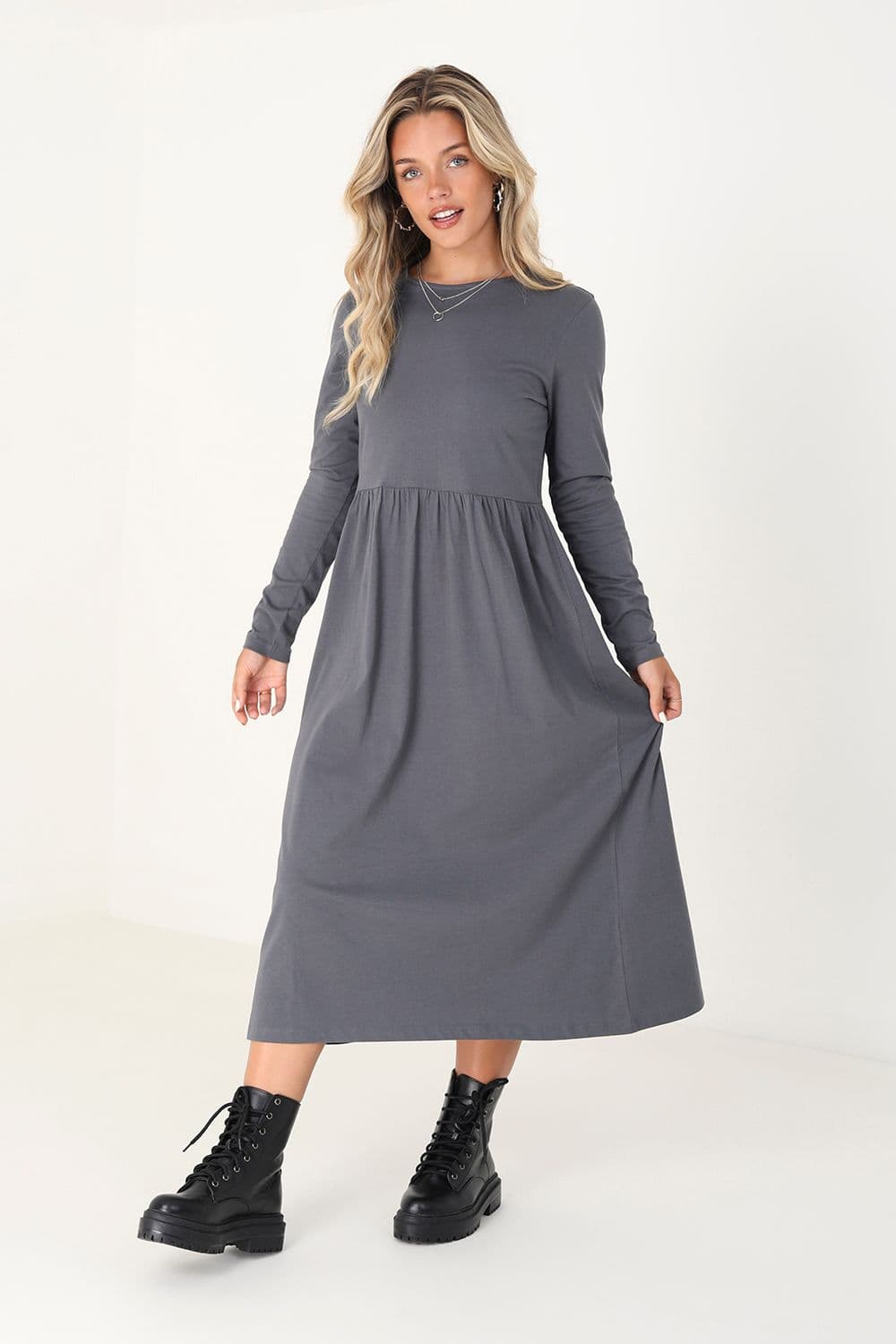 Cotton Long Sleeve Midi Smock Dress