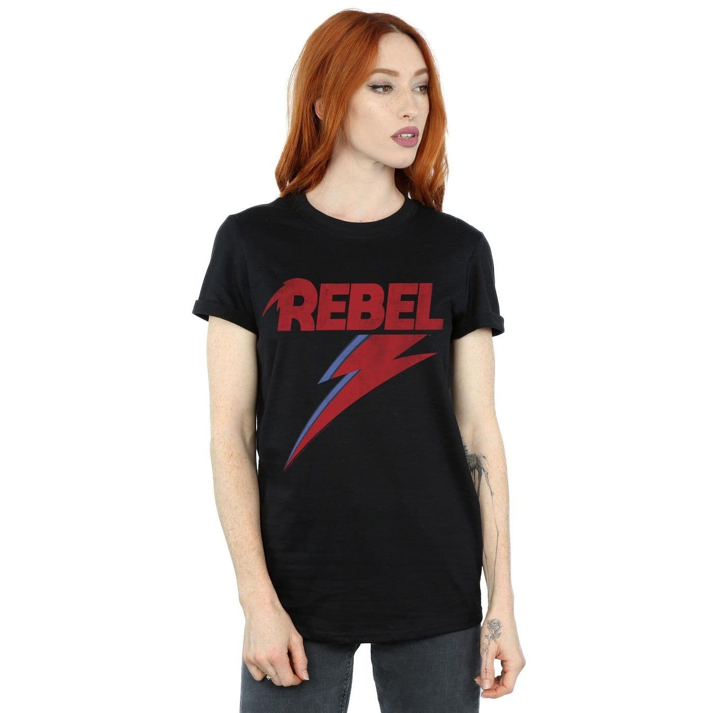David Bowie Women's Distressed Rebel Cotton Boyfriend T-Shirt in Black | Size: Large