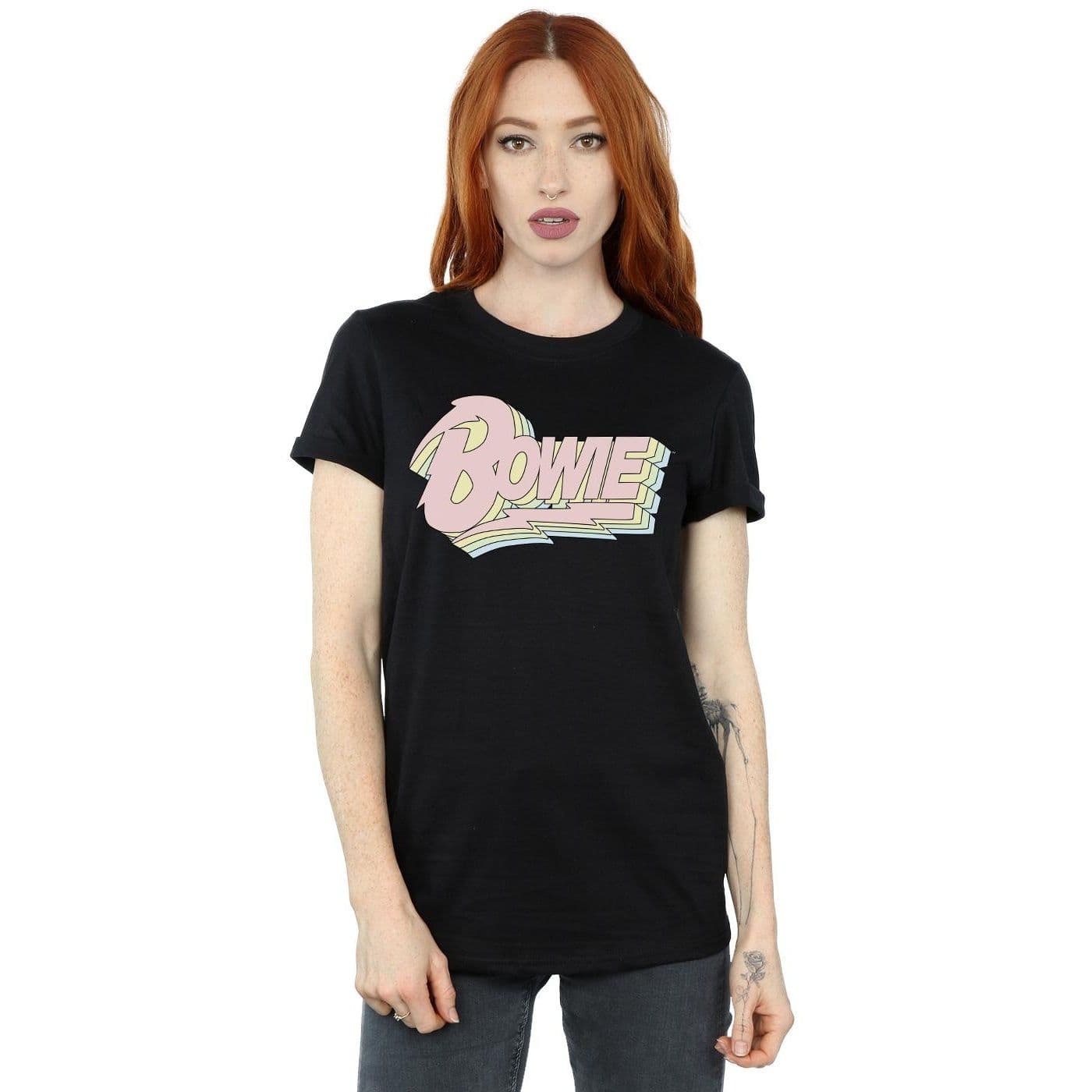 David Bowie Women's Pastel Bowie Cotton Boyfriend T-Shirt in Black | Size: Small