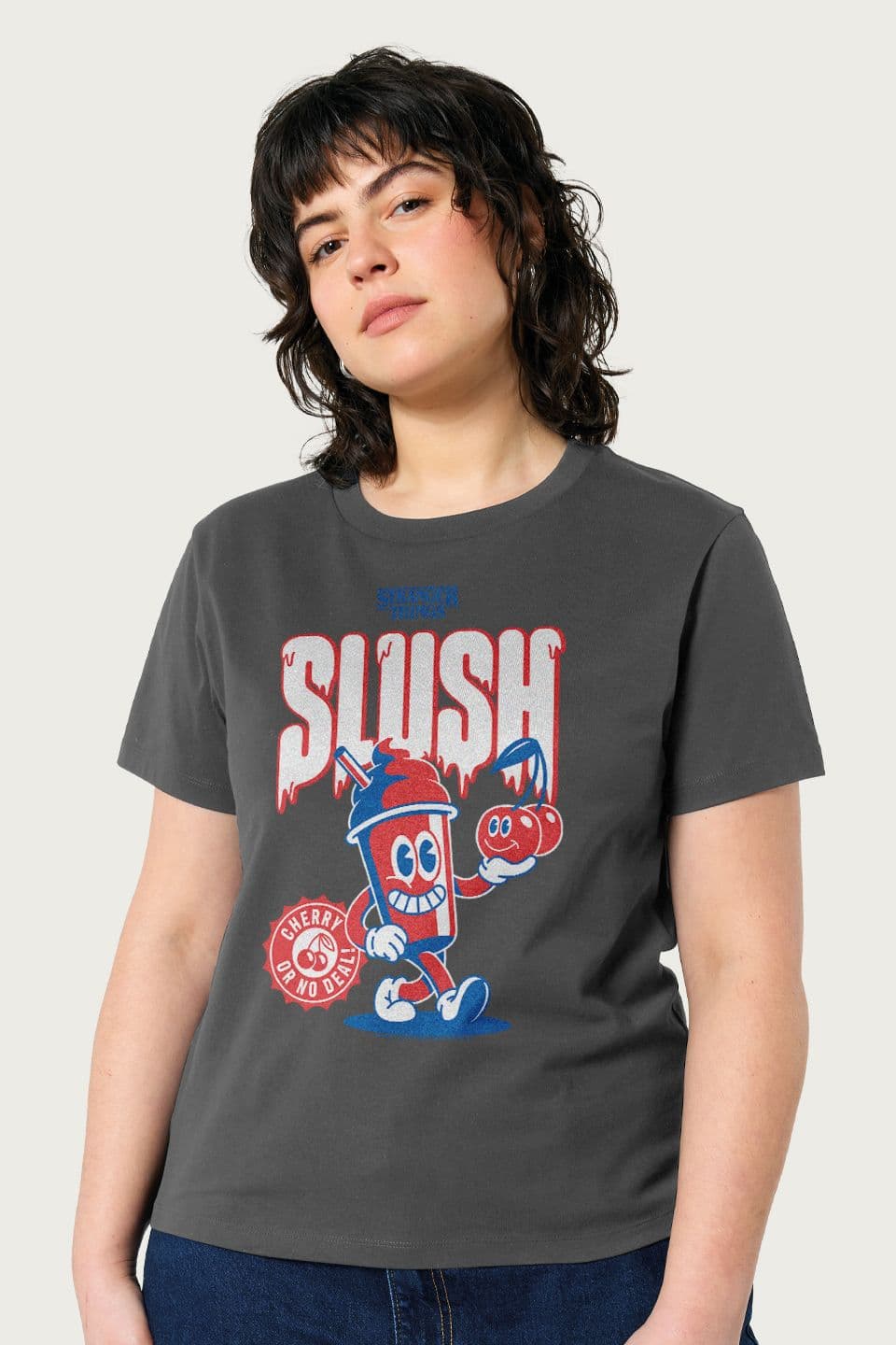 Stranger Things Women's Cherry Slush Red Blue Dr. Alexei Drink Relaxed Fit T-Shirt in Charcoal | Size: XL