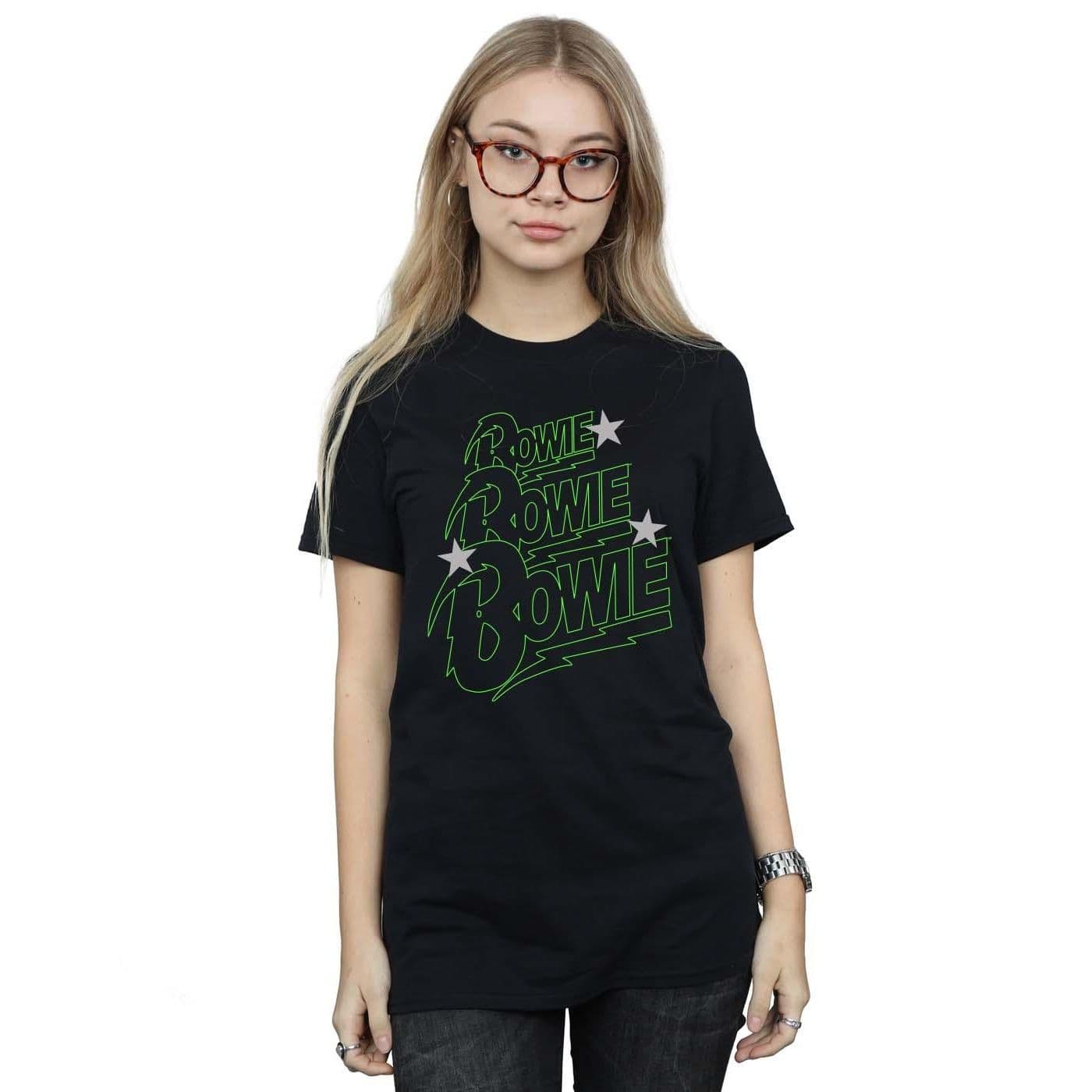 David Bowie Women's Multiple Neon Logo Cotton Boyfriend T-Shirt in Black | Size: Large