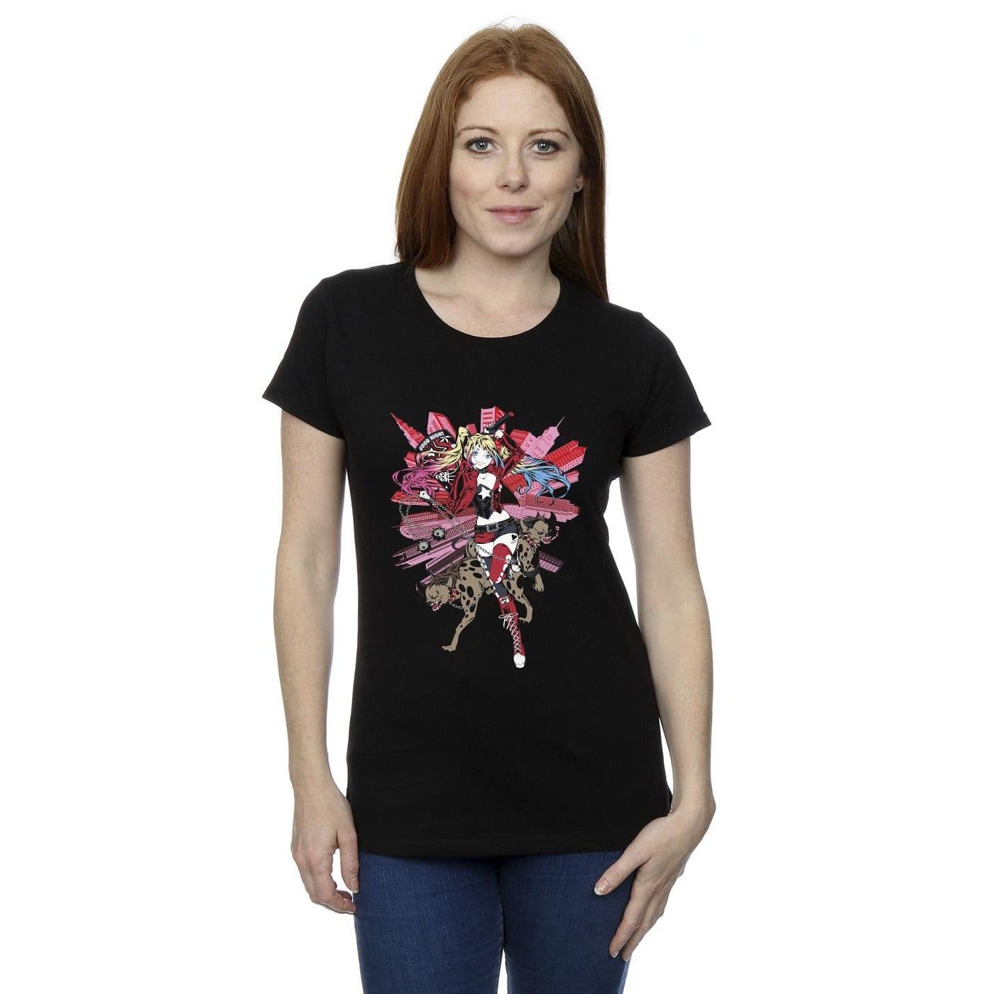 DC Comics Women's Harley Quinn Hyenas Cotton T-Shirt in Black | Size: Small