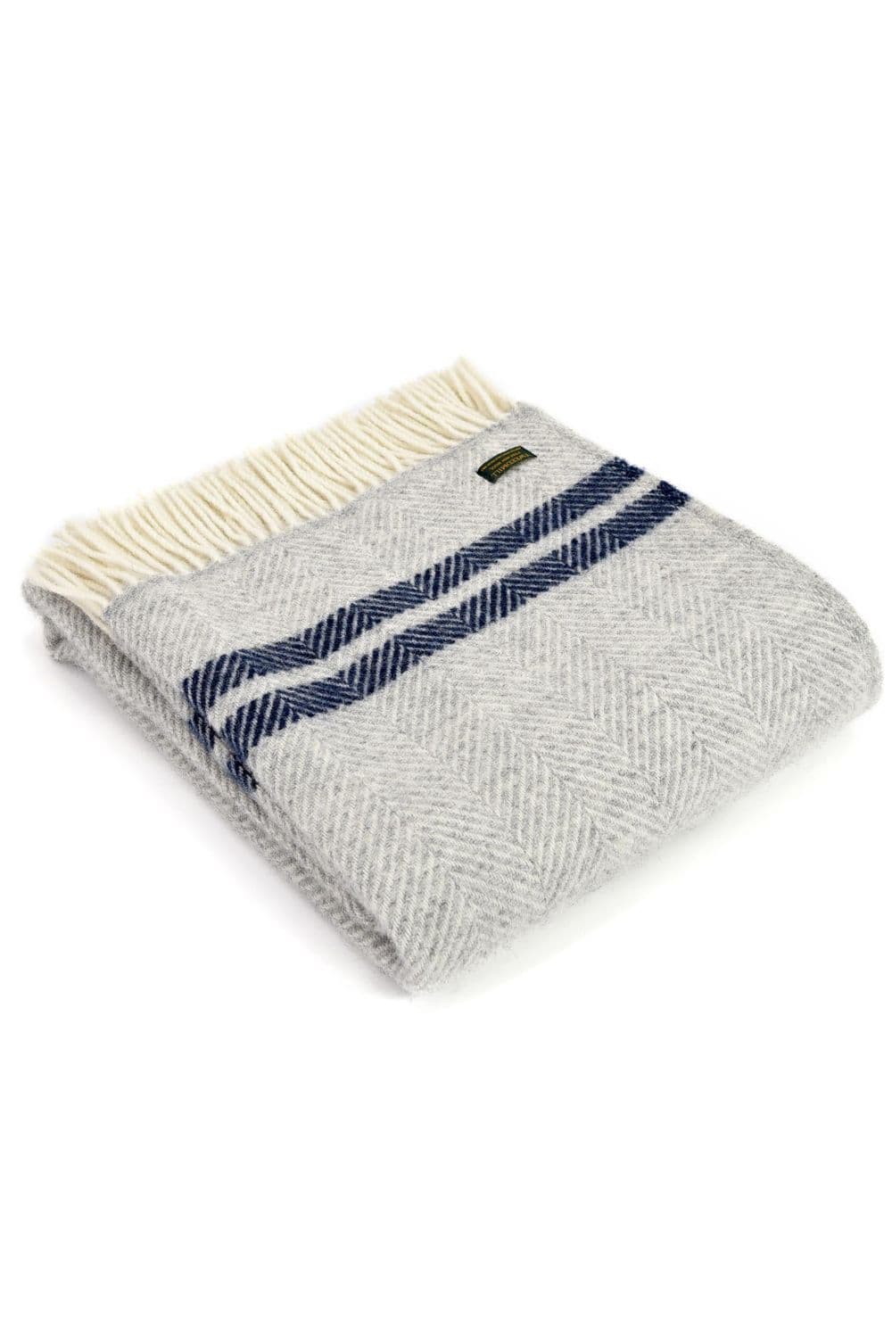 100% Wool Fishbone Silver & Navy Blue Throw Blanket