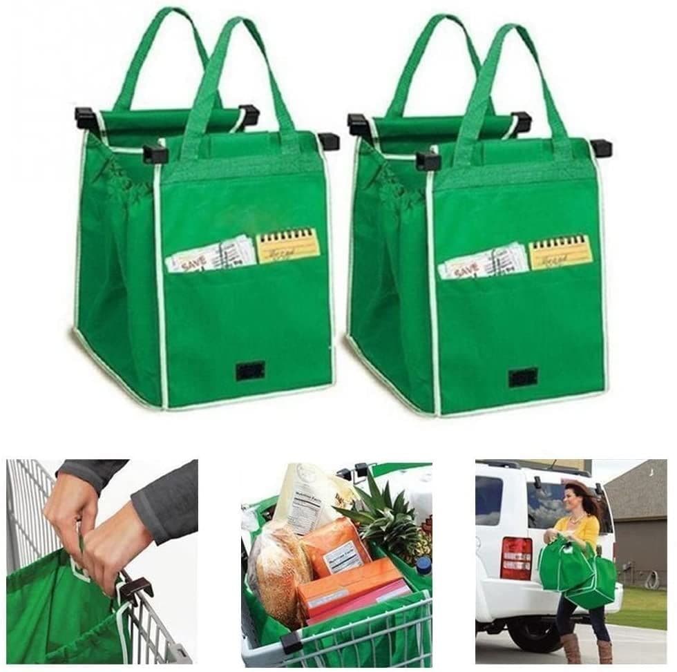 Pack 2 Strong Reusable Supermarket Shopping Trolley Bags Foldable Grocery Shopping Grab Bags