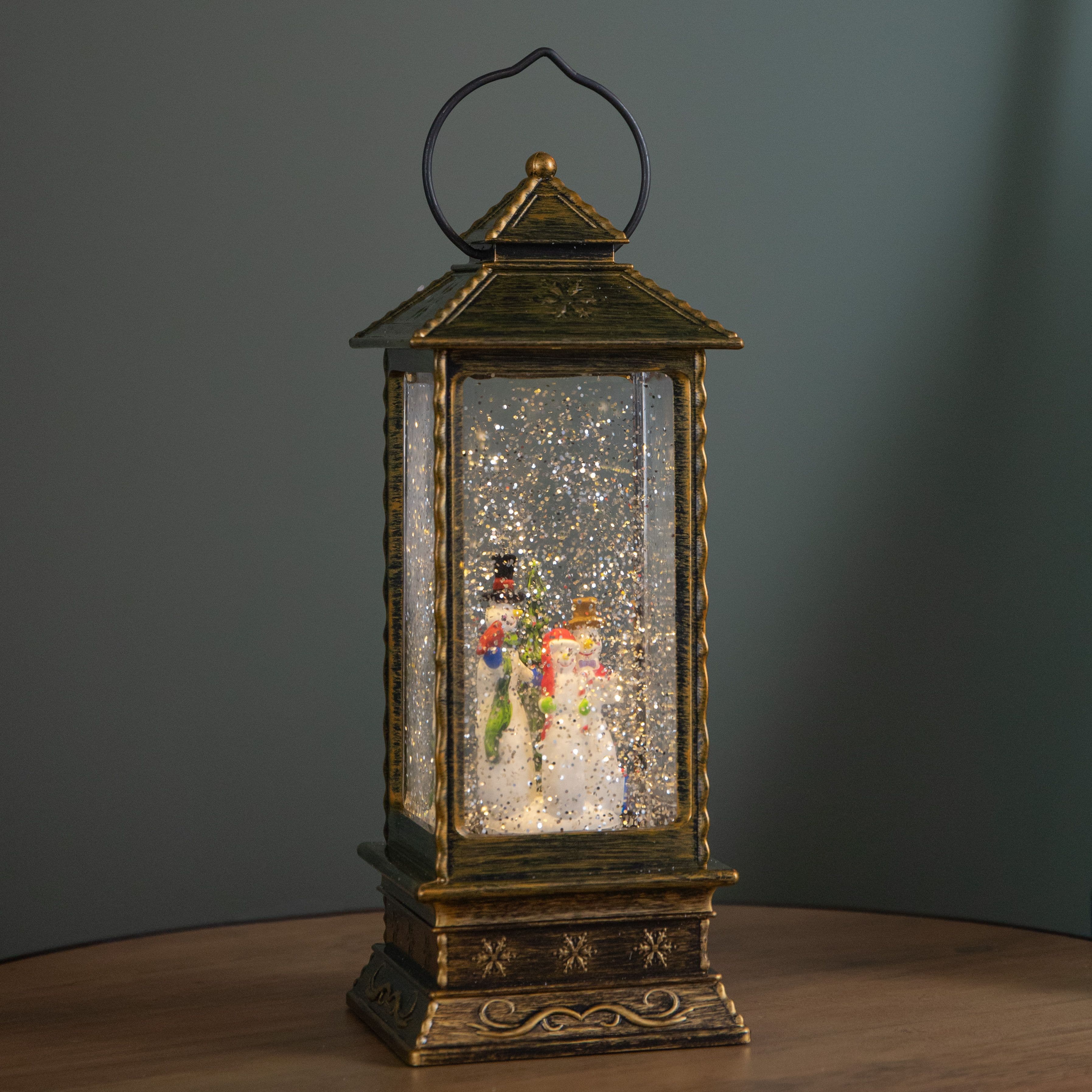 27cm Premier Glitter Water Spinner LED Lantern Christmas Decoration with Snowman Scene