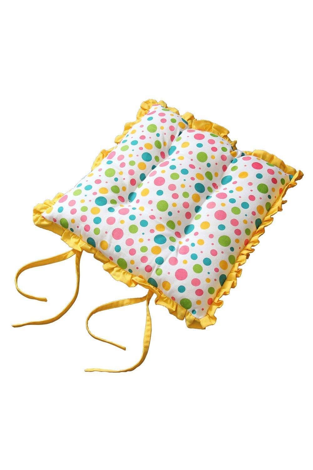 Reversible Frilled Cushion Seat Pad Ties Polka Dots Multi