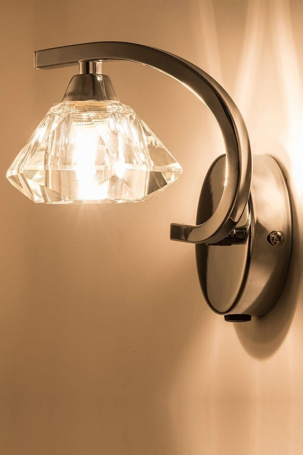 Single Left Curved Wall Light Sconce Clear Glass Shade Polished Chrome Finish
