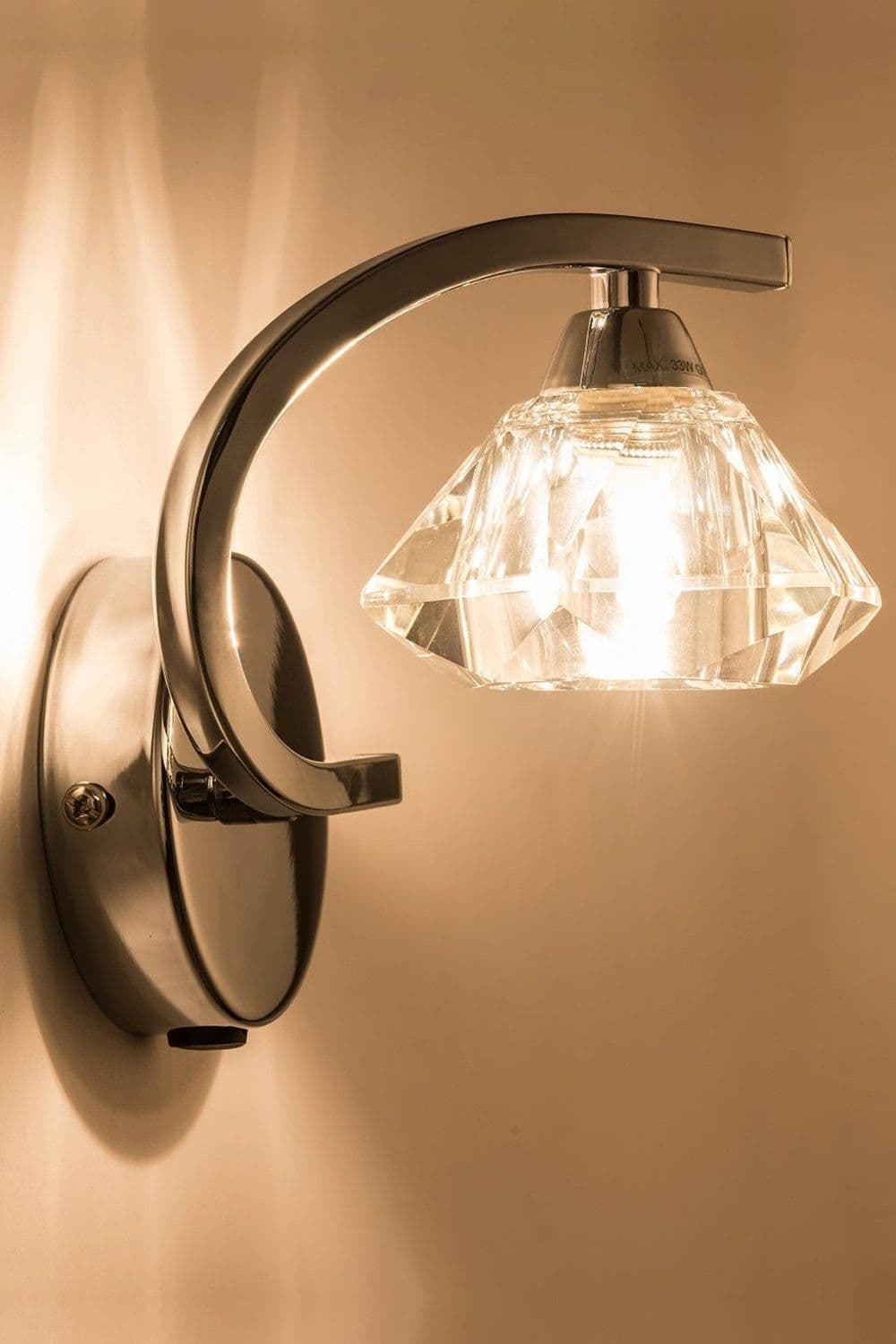 Single Right Curved Wall Light Sconce Clear Glass Shade Polished Chrome Finish