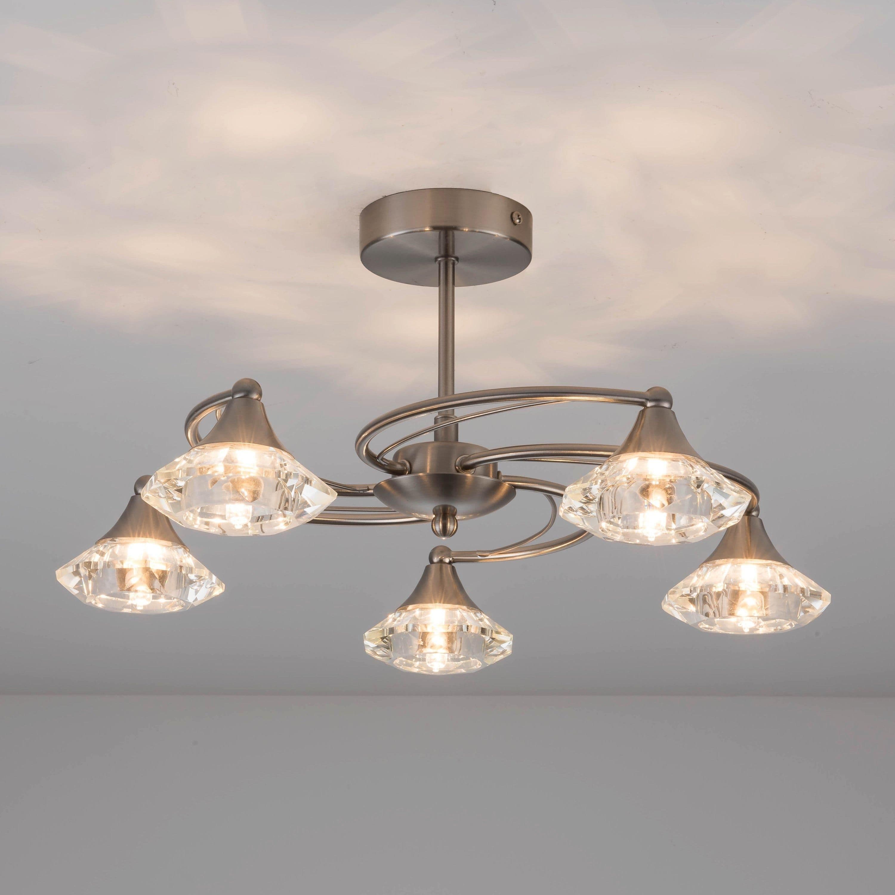 Satin Nickel Spiral 5 Light Semi Flush Ceiling Light