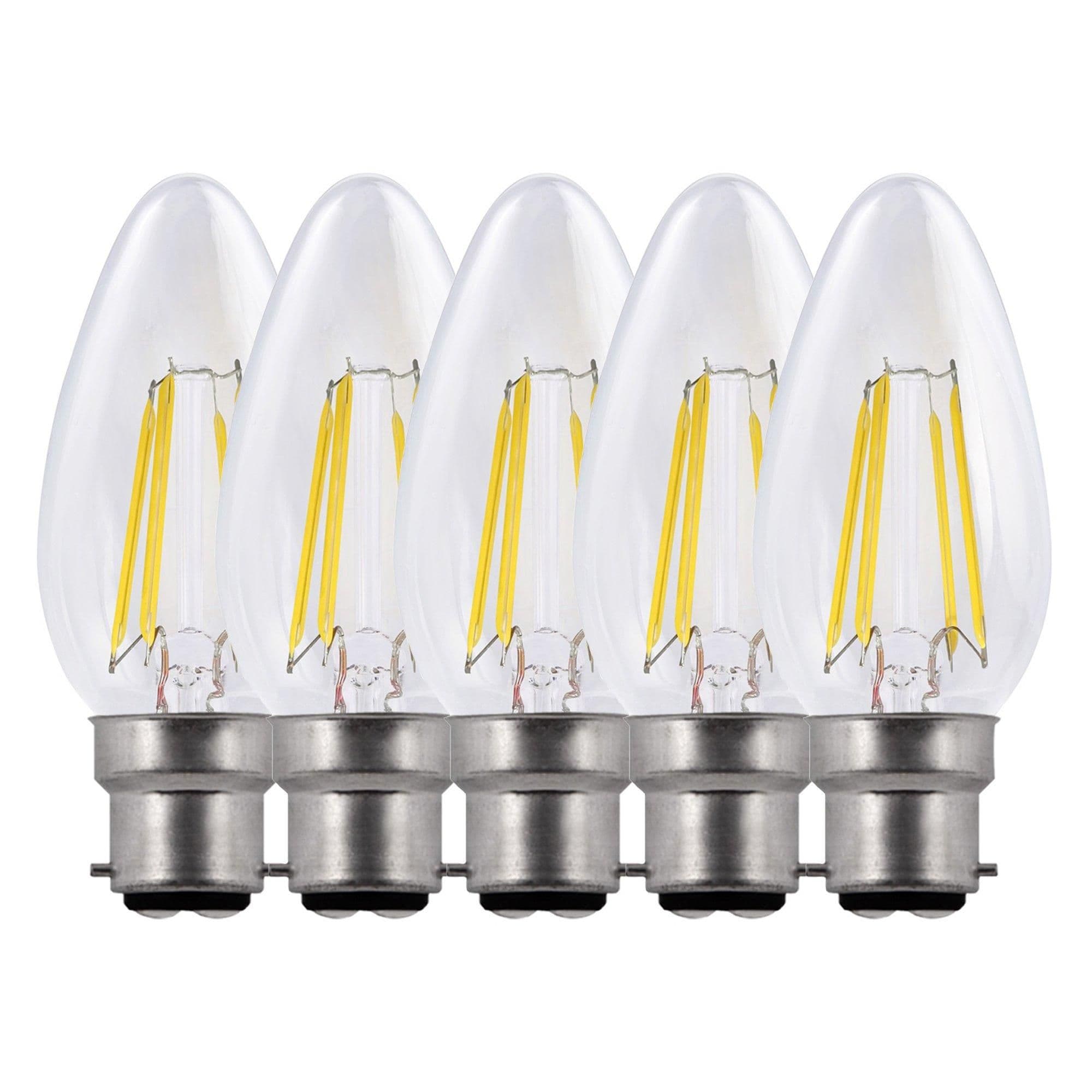 5 Watts B22 BC Bayonet LED Light Bulb Clear Candle Warm Dimmable Pack 5