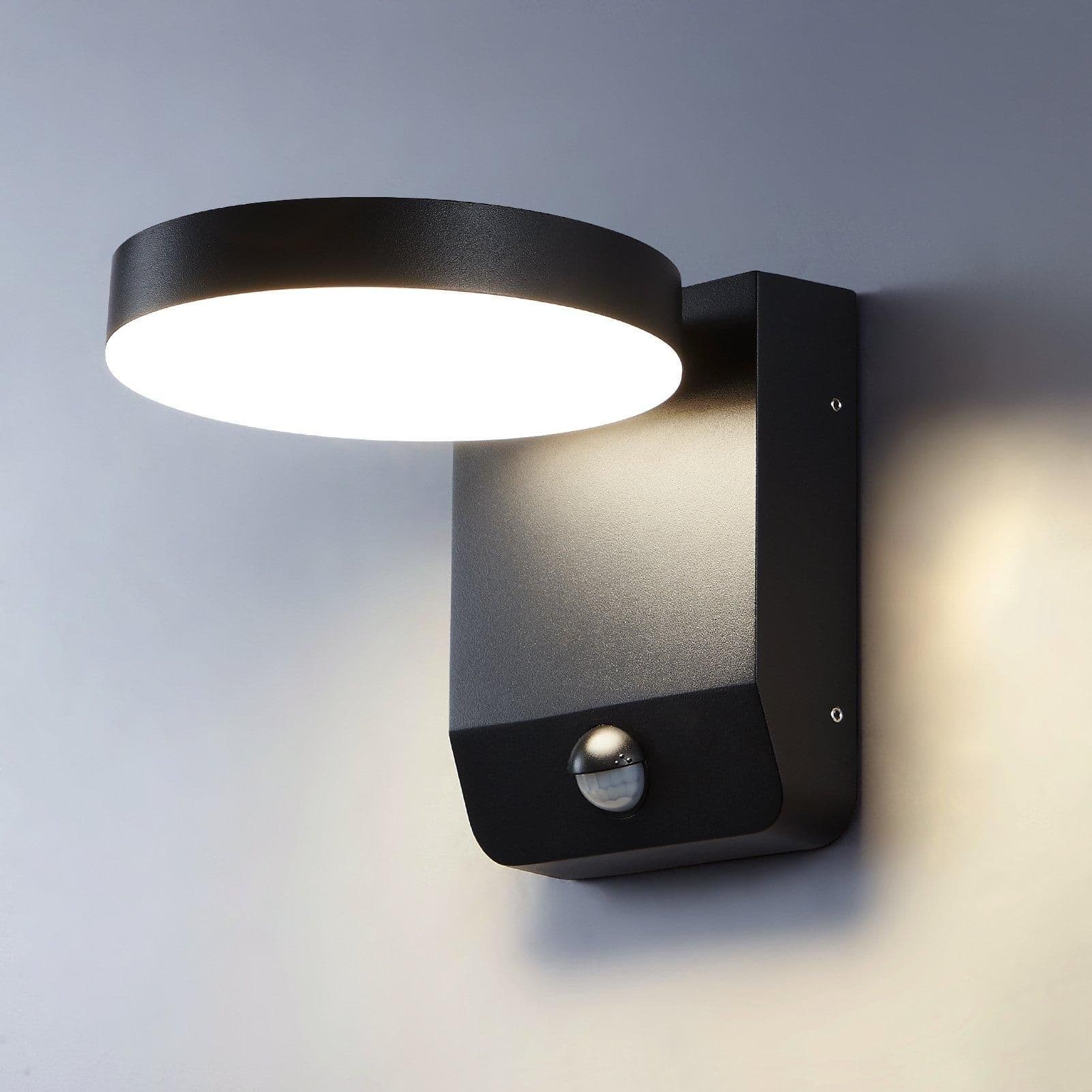 Matt Modern Round LED Outdoor Wall Light Mains Powered Weatherproof PIR Sensor