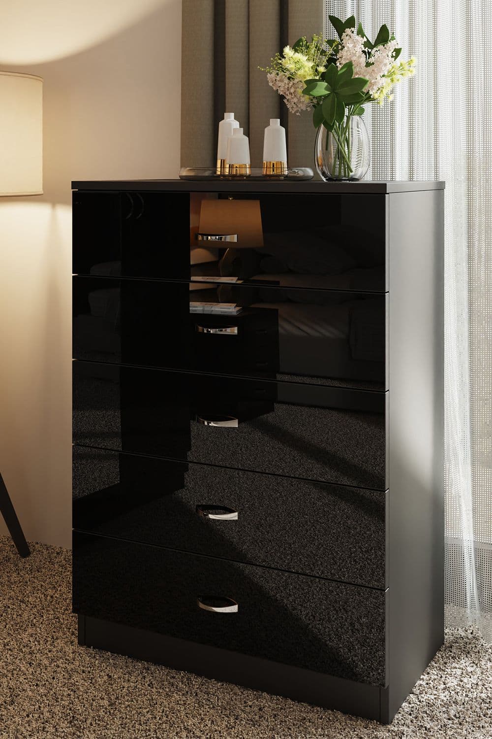 High Gloss 5 Drawer Tall Chest Drawers