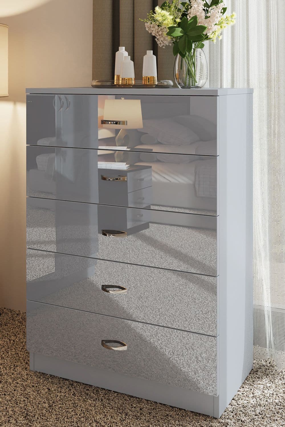 High Gloss Tall 5 Drawer Chest Drawers
