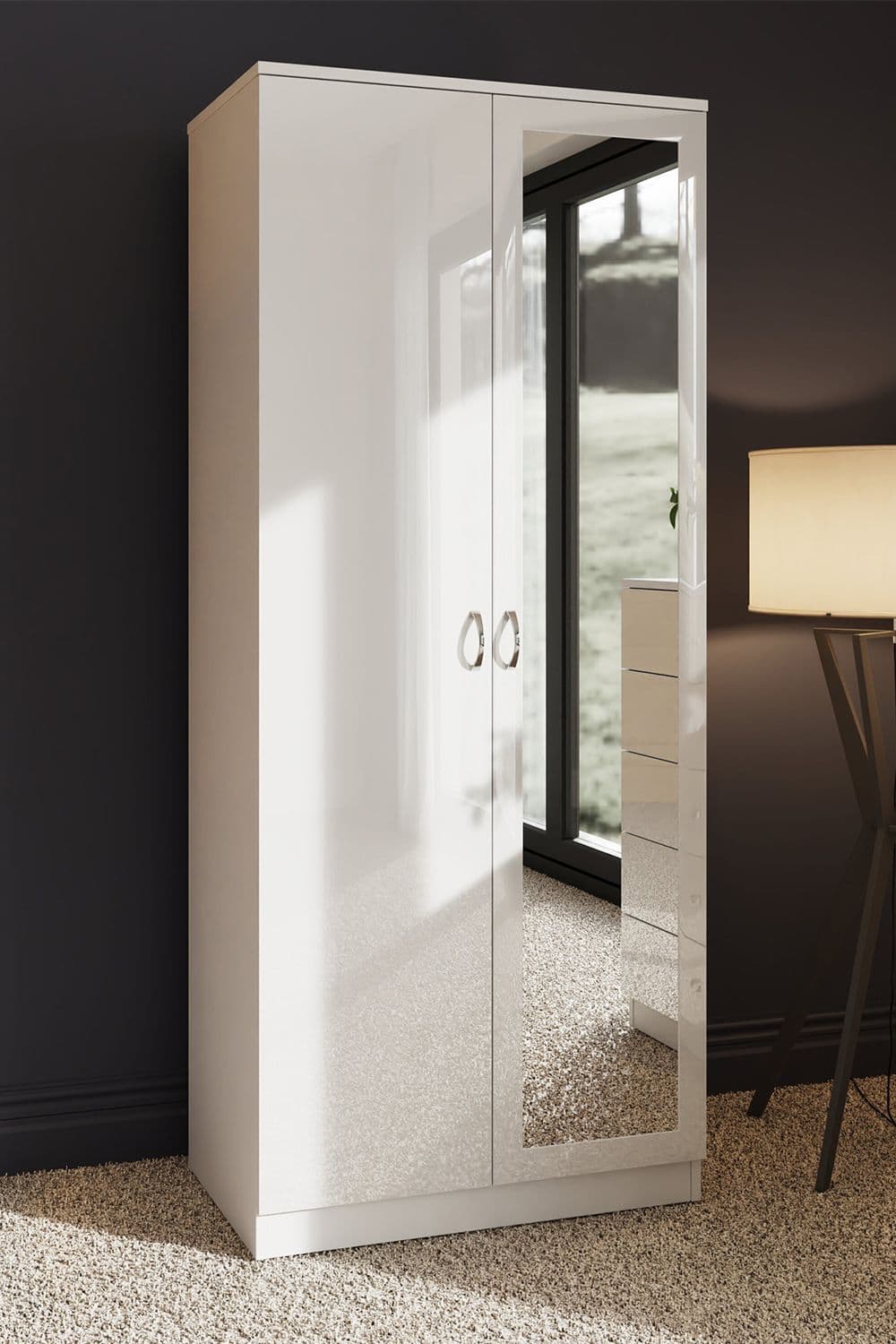 High Gloss 2 Door Mirrored Double Wardrobe