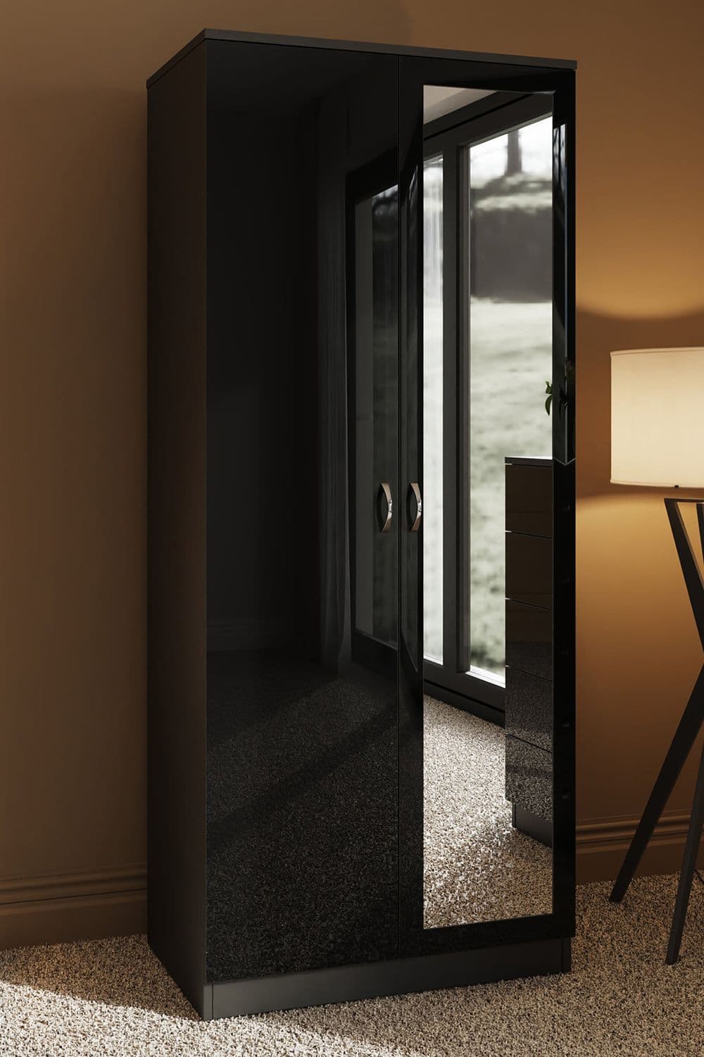 2 Door Mirrored High Gloss Double Wardrobe