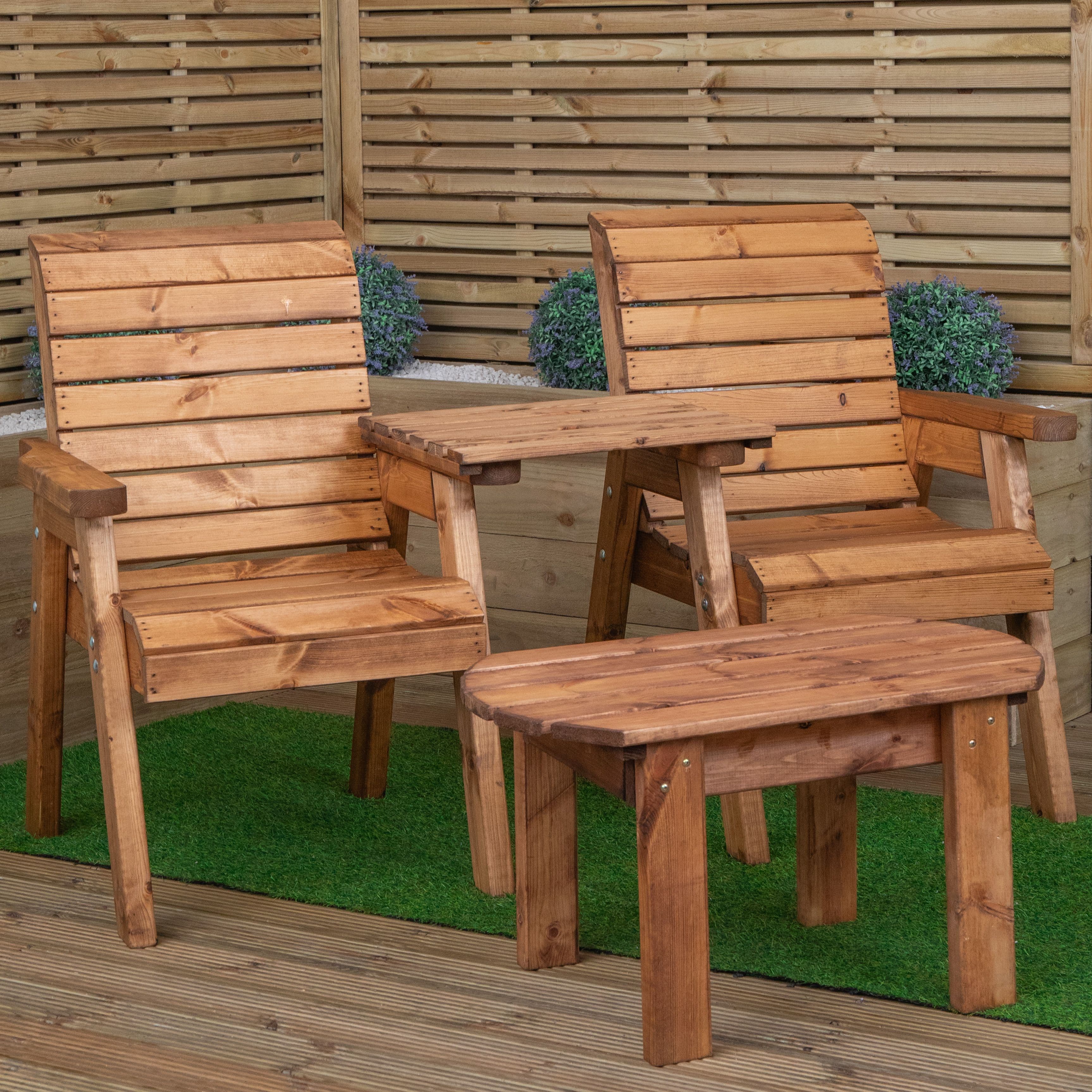 Hand Made Rustic Wooden Garden Furniture Twin Companion Set & Coffee Table
