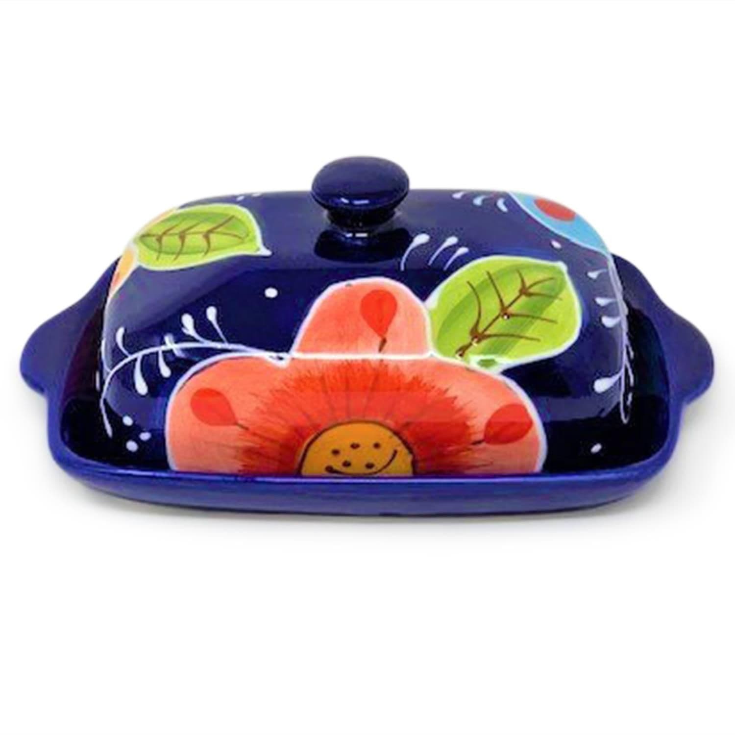 Classic Spanish Hand Painted Kitchen Dining Butter Dish (L) 19cm x (H) 7cm Pink Flower