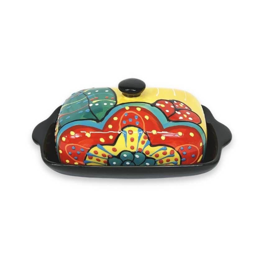 Classic Spanish Hand Painted Kitchen Dining Butter Dish (L) 19cm x (H) 7cm Red/Yellow Flower