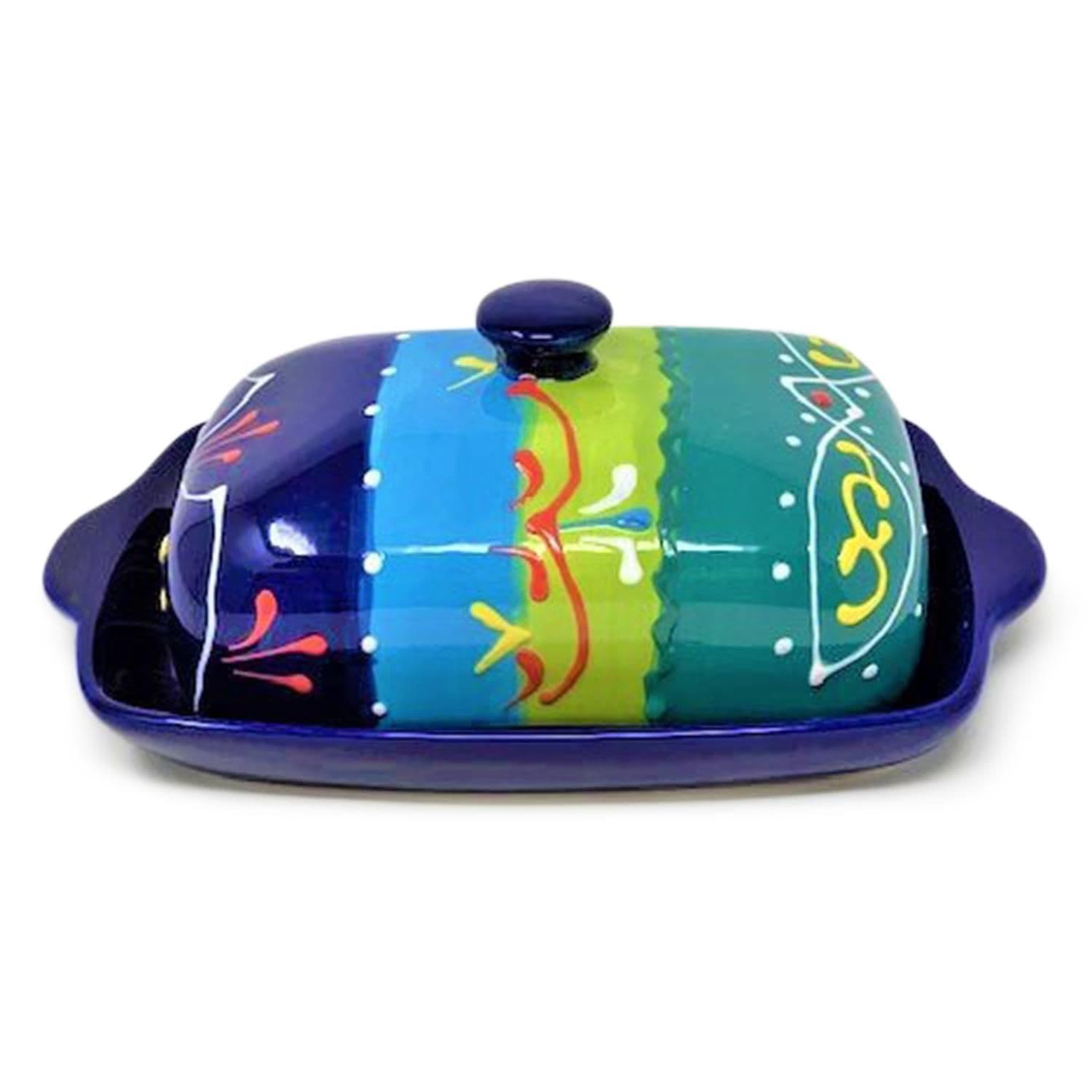 Classic Spanish Hand Painted Kitchen Dining Butter Dish (L) 19cm x (H) 7cm Blue/Green