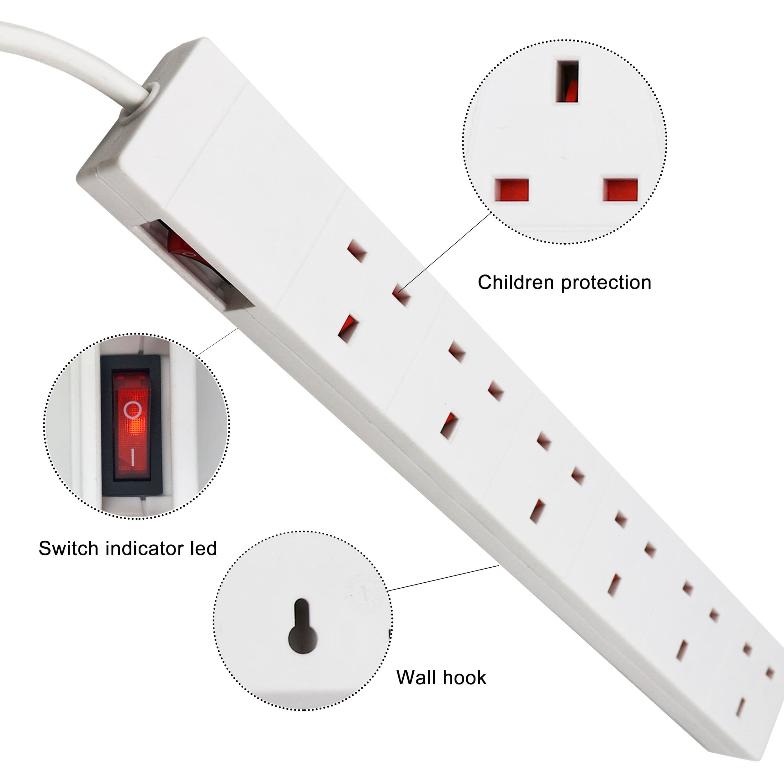 6 Gang Extension Leads 13A 1M White Switch Resistant Sockets