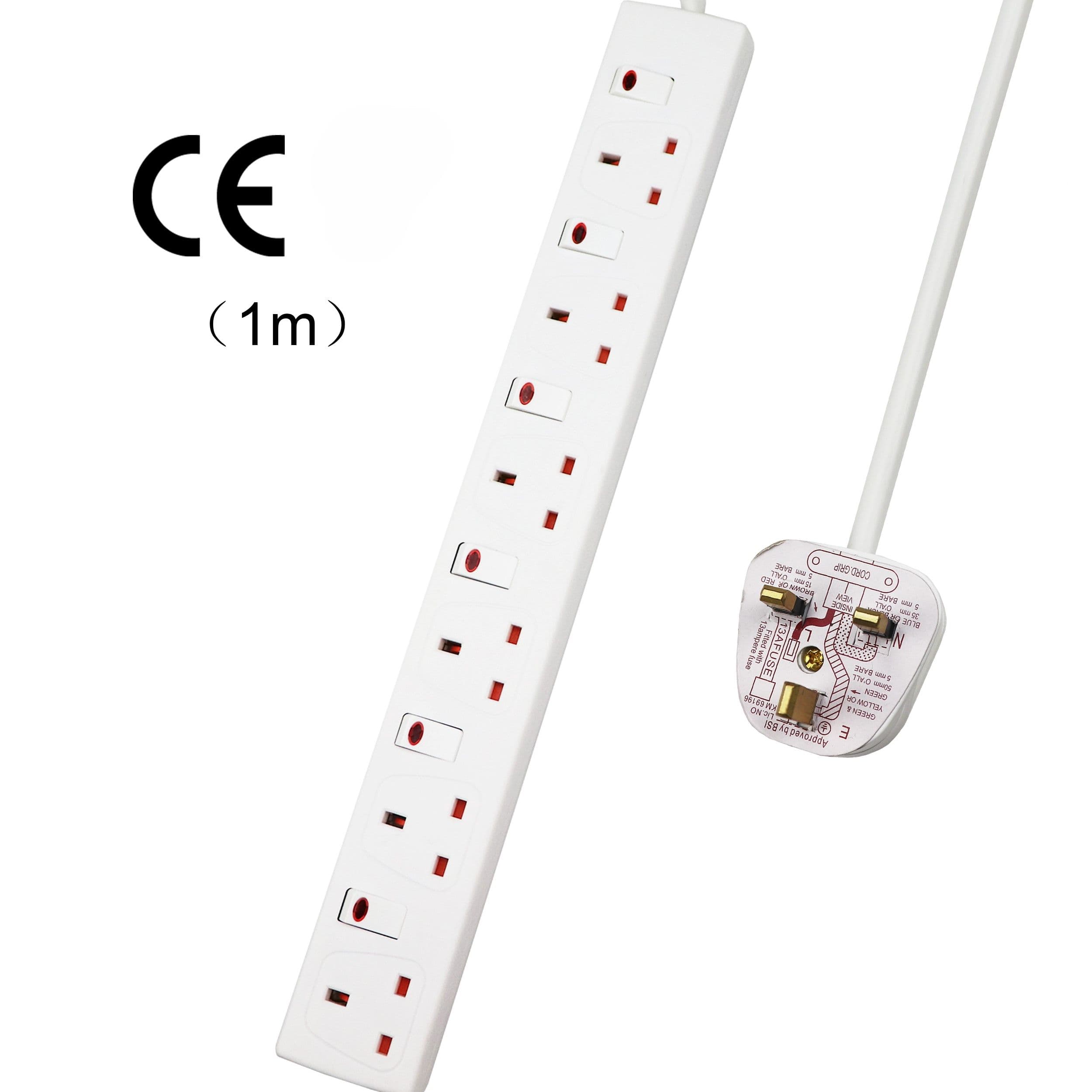 6 Way Socket 13A 1M Indicator Light Individual Switches Surge Protection