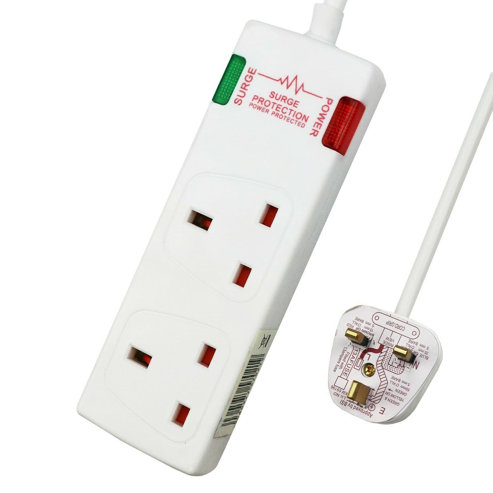 2 Way Socket 13A 1M White Power Indicator Resistant Sockets Surge Indicator