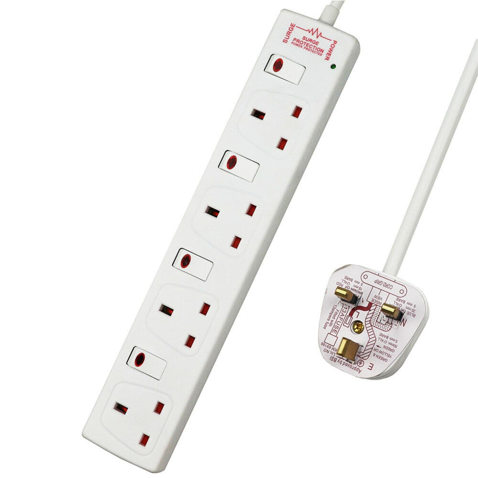 4 Way Socket 13A 5M White Indicator Light Individual Switches Surge Indicator