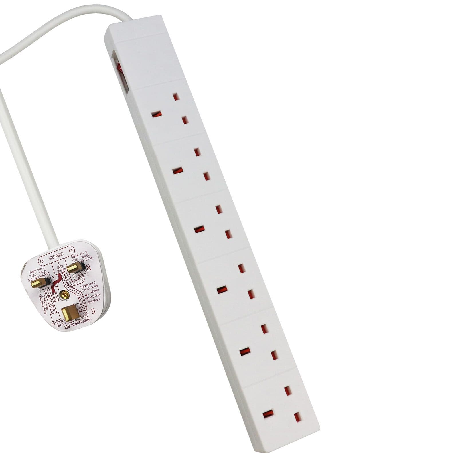 6 Gang Extension Leads 13A 2M White Switch Resistant Sockets