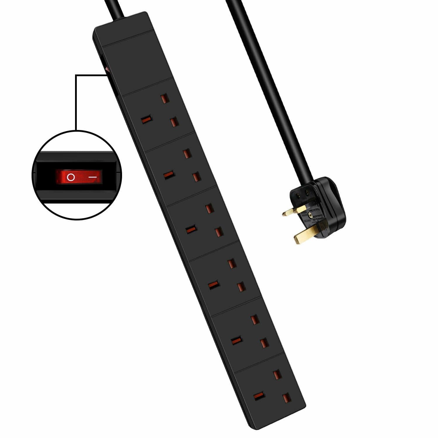 6 Way Extension Leads 13A 1M Black Switch Resistant Sockets