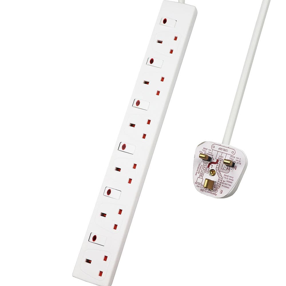 6 Way 13A 2M White Indicator Light Individual Switch Resistant Sockets