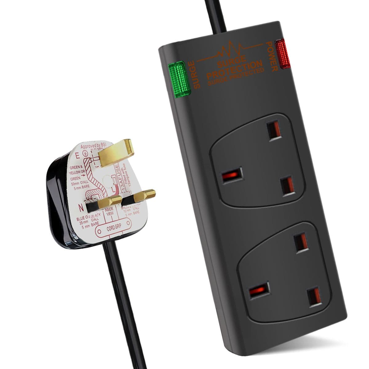 2 Gang Surge Protected Extension Lead 2M Black