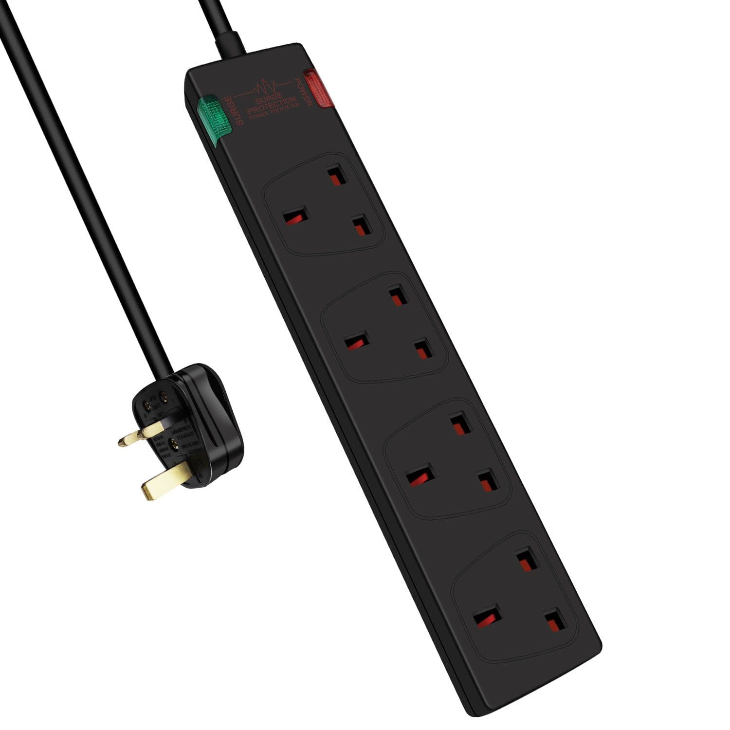 4 Gang Surge Protected Extension Lead 2M Black 13A Two Indicator Light
