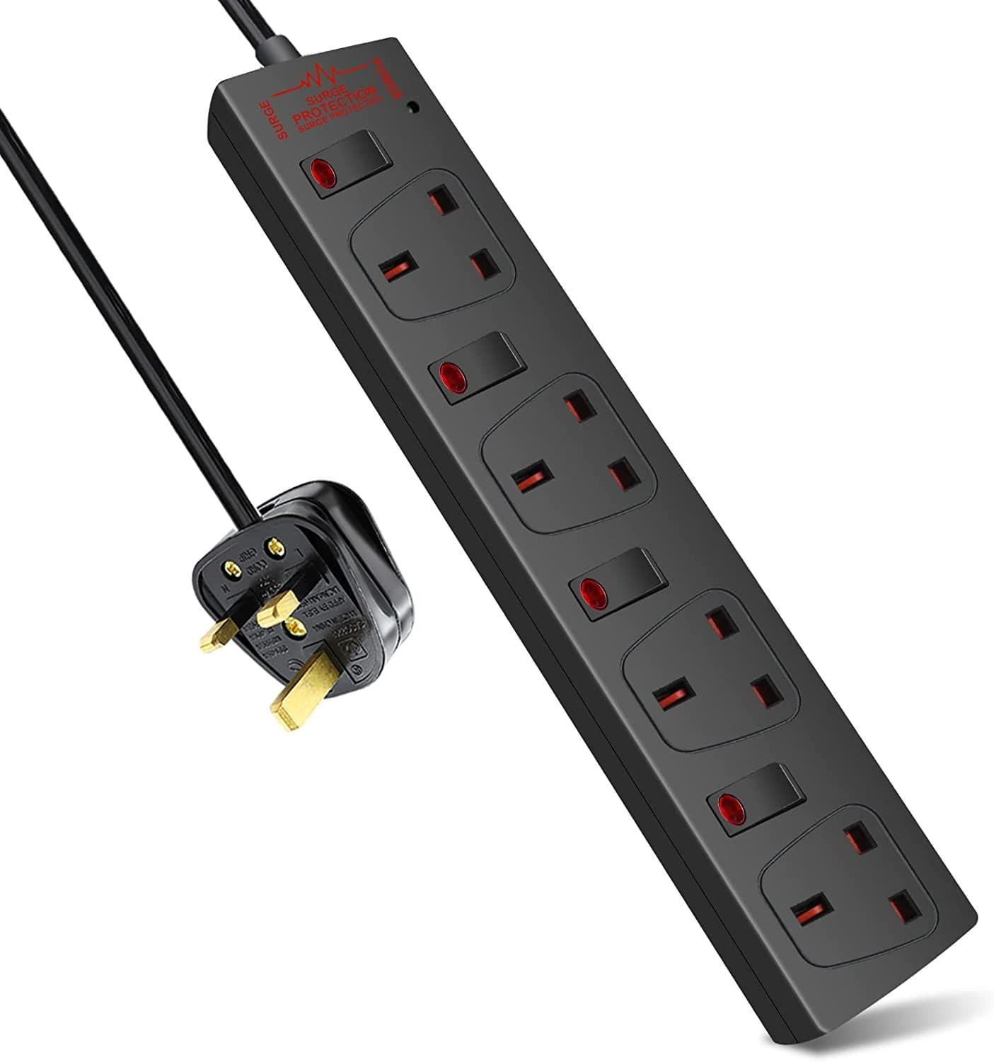 4 Way Socket 13A 1M Black Indicate Light Individual Switch Surge Indicator
