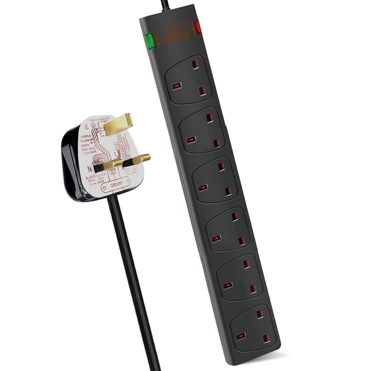 6 Gang Surge Protected Extension Lead 3M Black