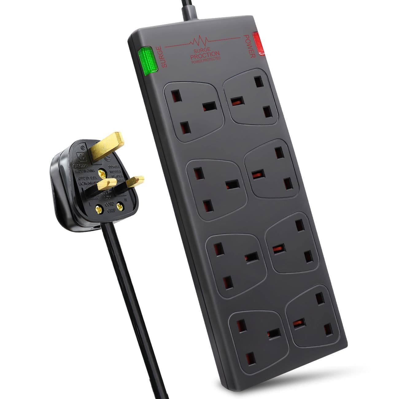 8 Gang Surge Protected Extension Lead 2M Black