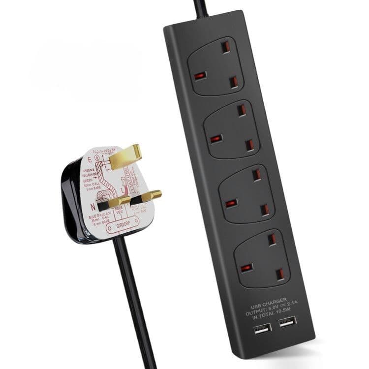 4 Gang built USB Extension Lead 3M Black