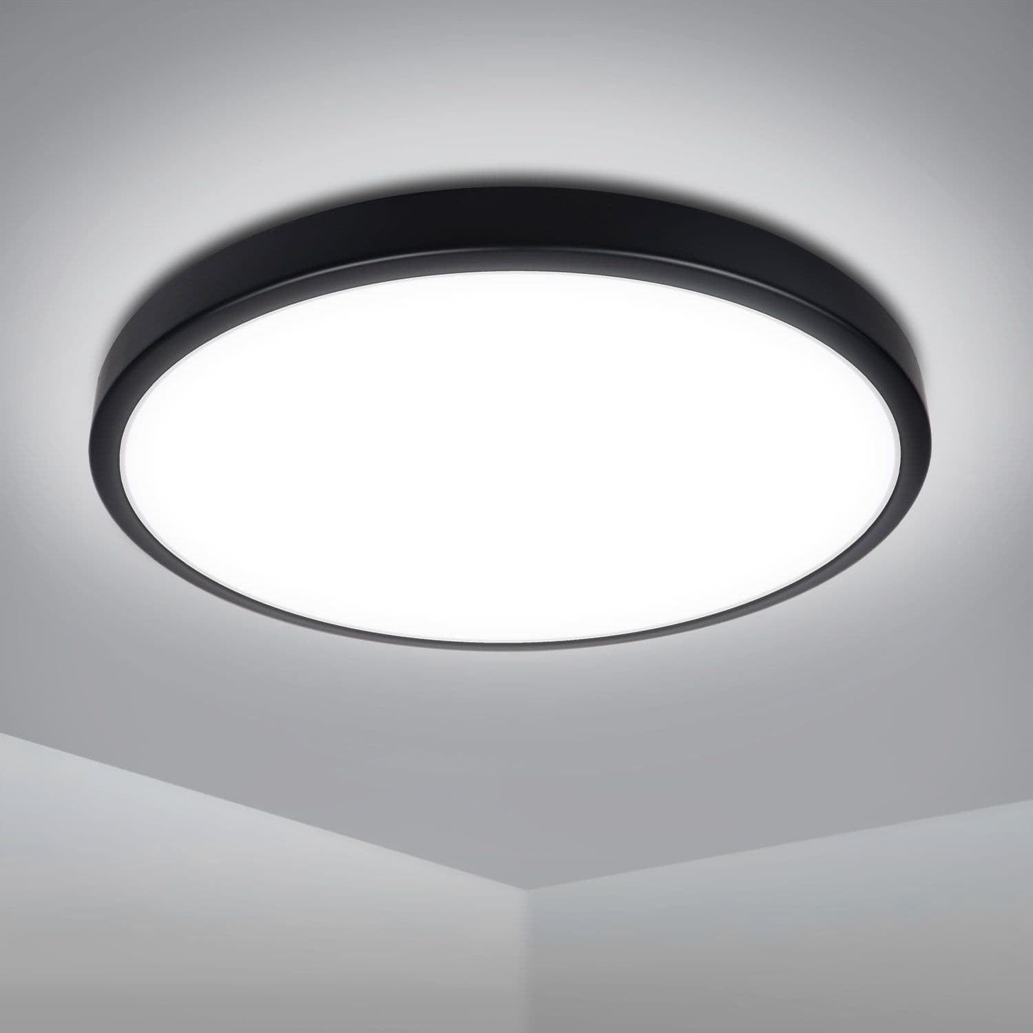 18W Bathroom LED round Surface Mount Integrated Ceiling Light Flush Light Cold White Waterproof Black IP54 33cm