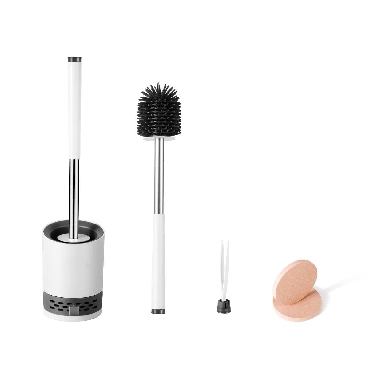 Round Toilet Brush & Holder Silicone Head Dry Pad